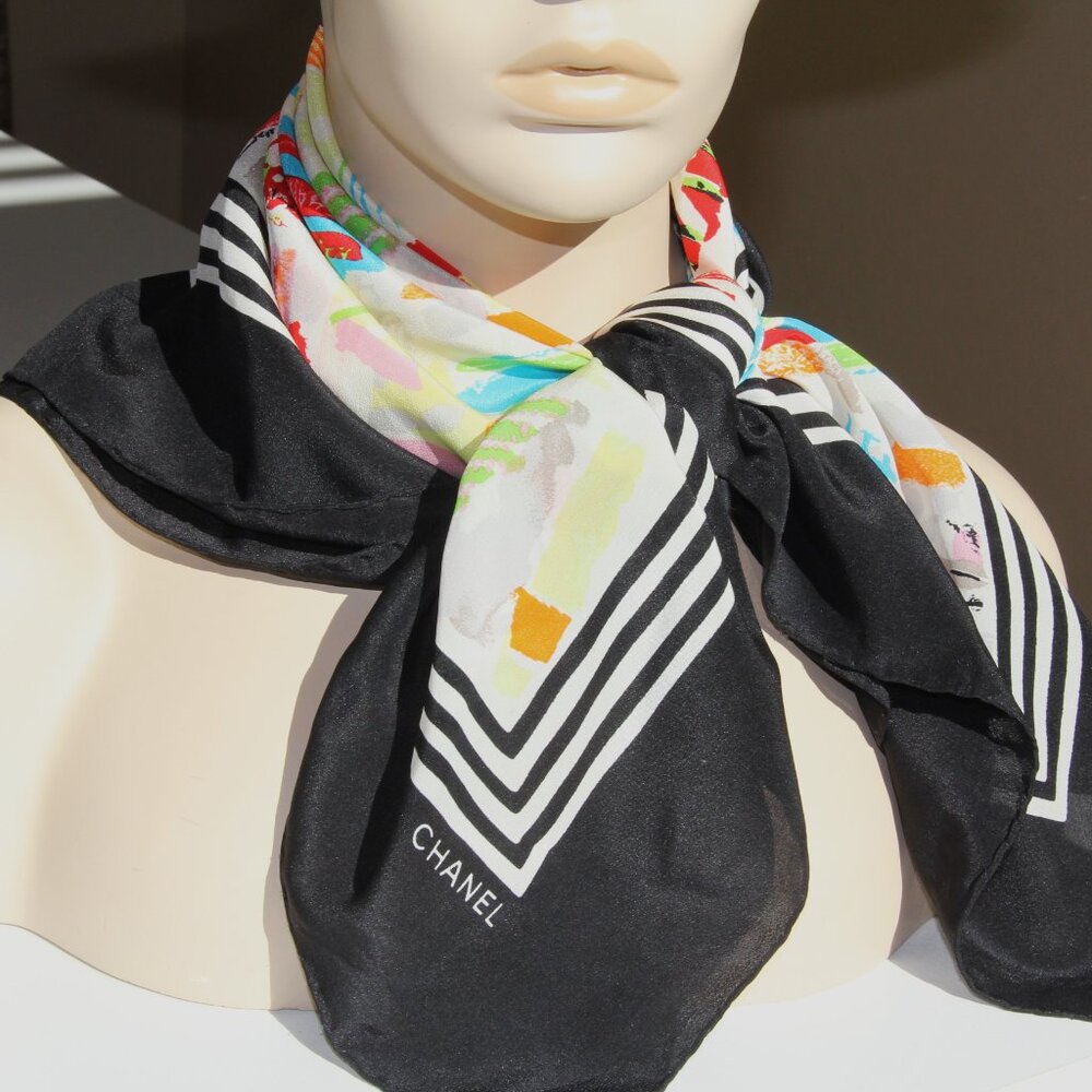 Chanel Black and Multi-Color Silk Scarf. This RARE Color-Authentic Original - Picture 3 of 14